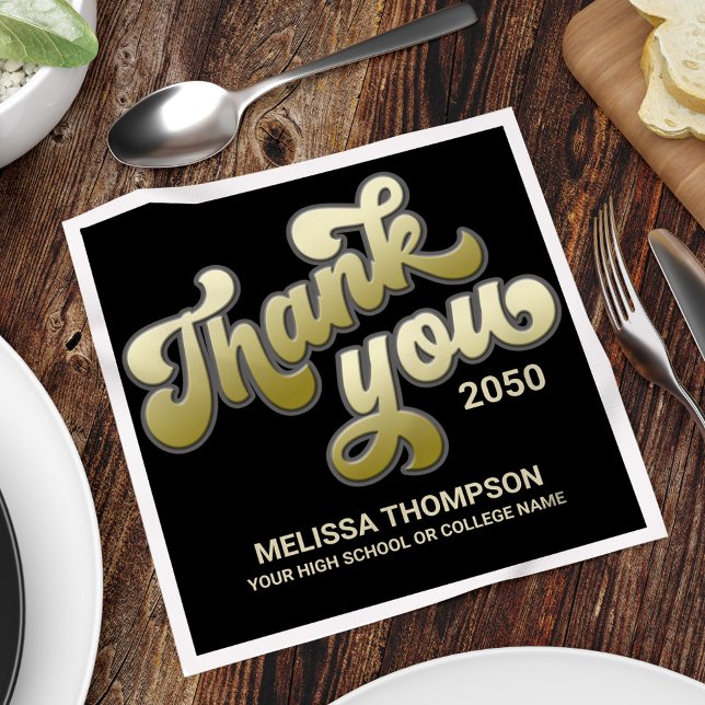 Graduation Party Black and Gold Thank You Napkin (Graduation gold gradient "Grad" typography paper cocktail napkin.)