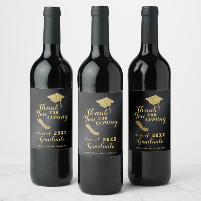 Graduation Party Black and Gold Thank You Wine Label (Bottles)