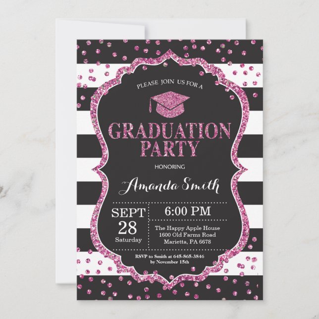 Graduation Party Black and Pink Glitter Invitation (Front)