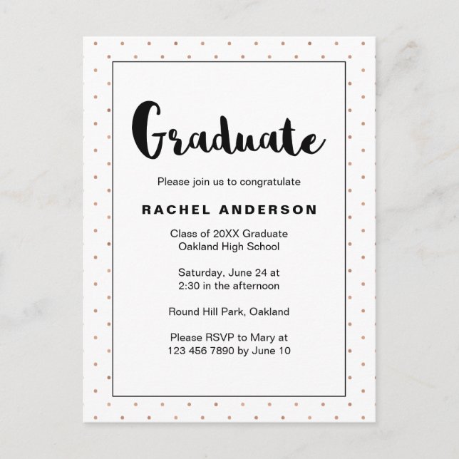 Graduation Party Black and White Faux Gold Dots Invitation Postcard (Front)