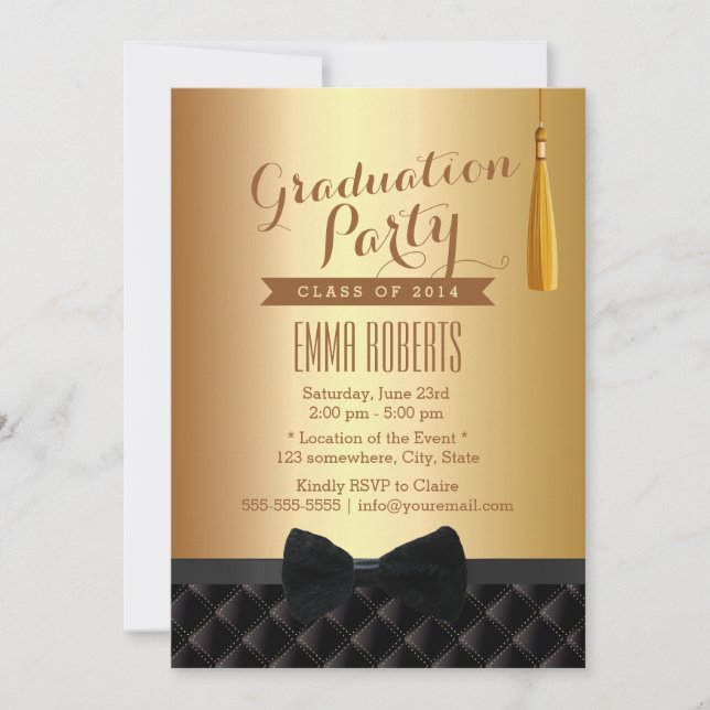 Graduation Party Black Bow Tie Modern Gold Foil Invitation (Front)
