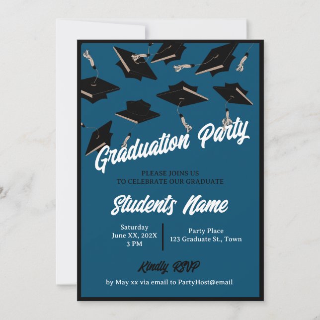 Graduation Party Black Caps in the Air Navy Blue Invitation (Front)