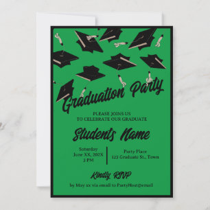 Graduation Party Black Caps in the Air on Green Invitation
