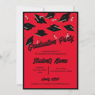 Graduation Party Black Caps in the Air on Red Invitation