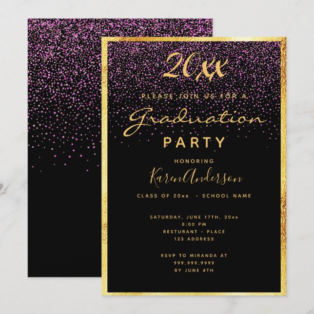 Graduation party black confetti gold invitation (Front/Back)