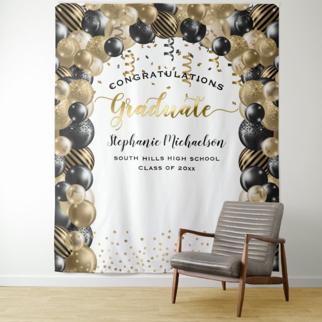 Graduation Party Black Gold Balloons Streamers Tapestry (In Situ)