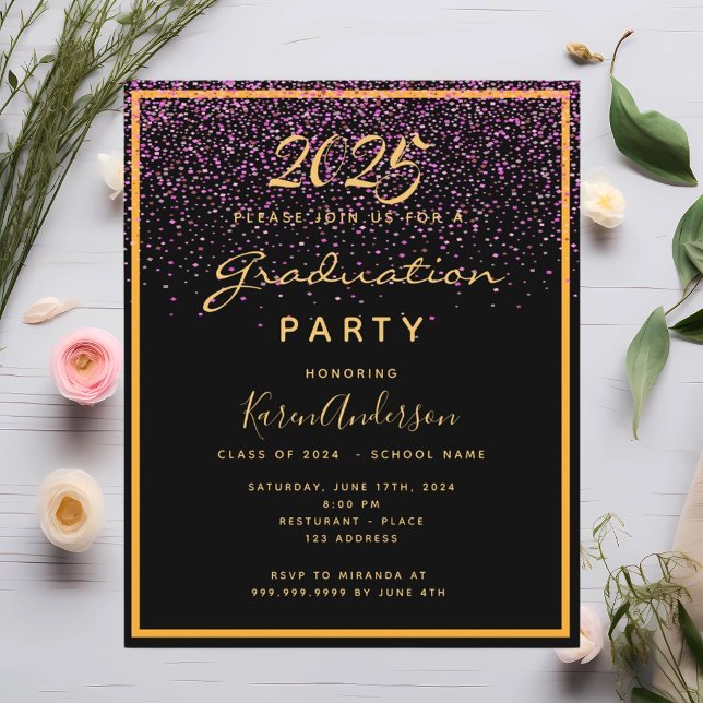 Graduation party black gold budget invitation flyer (Creator Uploaded)