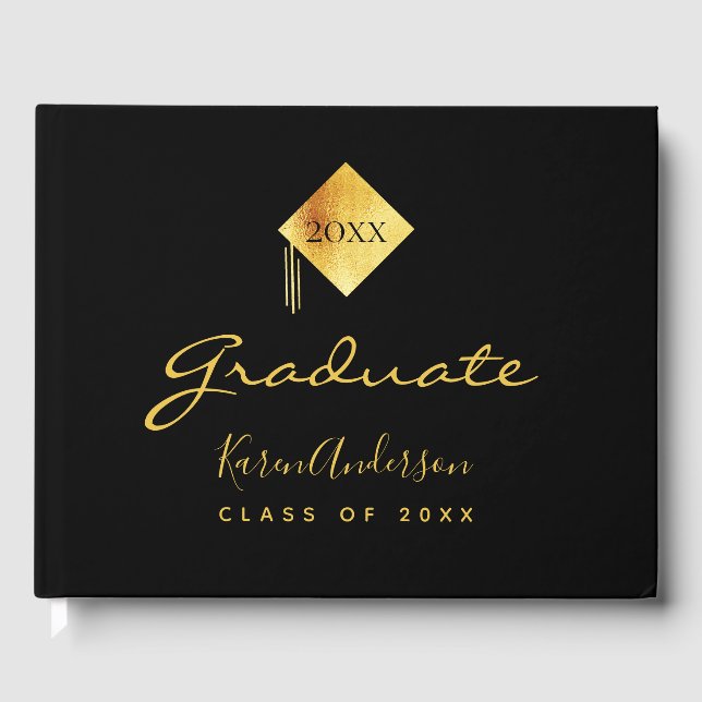 Graduation party black gold cap guest book (Front)