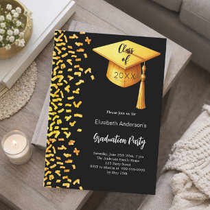 Graduation party black gold confetti invitation