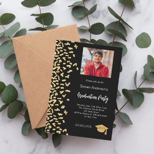 Graduation party black gold confetti photo invitation