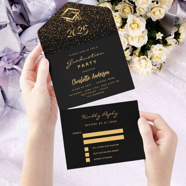 Graduation party black gold confetti RSVP All In One Invitation (Creator Uploaded)