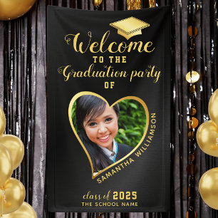Graduation Party Black Gold Custom Photo Welcome Banner