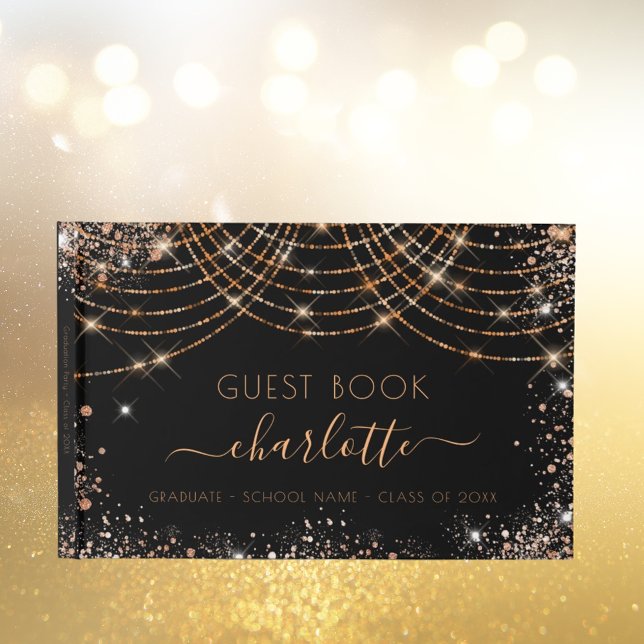 Graduation party black gold sparkles guest book (Creator Uploaded)