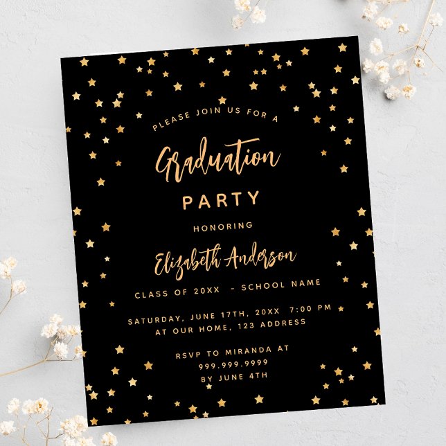Graduation party black gold star budget invitation (Creator Uploaded)