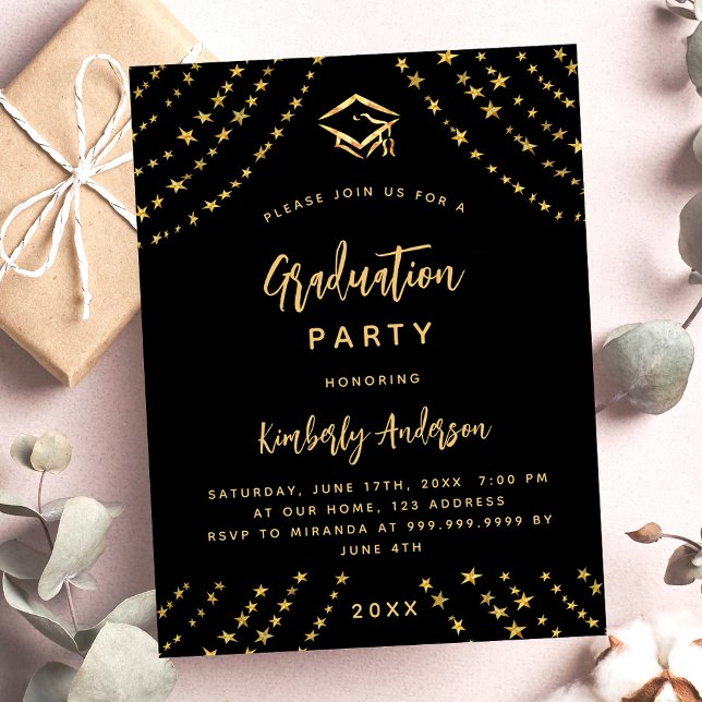 Graduation party black gold star budget invitation flyer (Creator Uploaded)