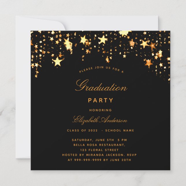 Graduation party black gold stars class invitation (Front)
