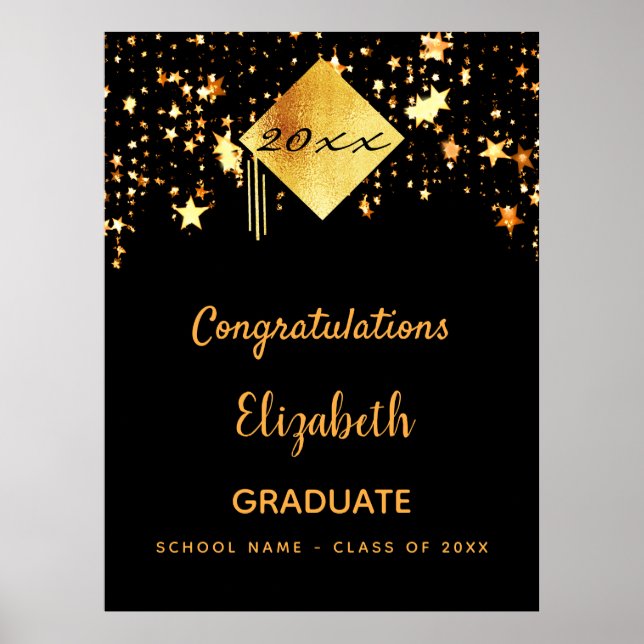 Graduation party black gold stars graduate poster (Front)