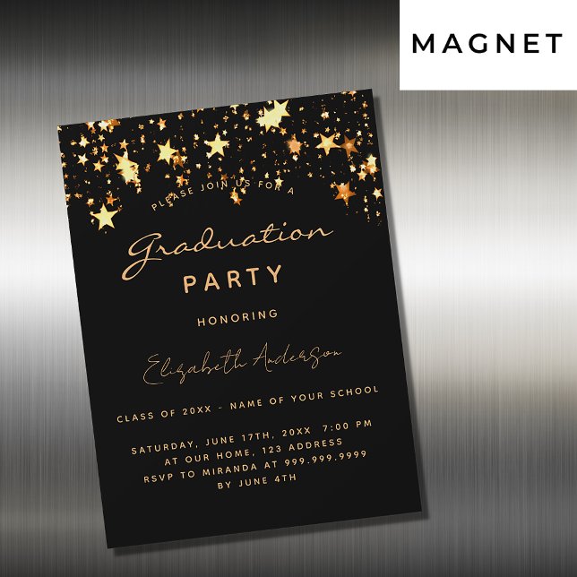 Graduation party black gold stars luxury magnetic invitation (Creator Uploaded)