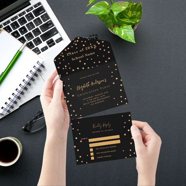 Graduation party black gold stars party RSVP All In One Invitation (Creator Uploaded)