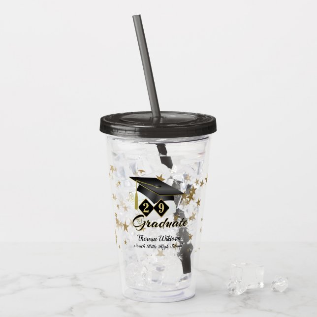 Graduation Party Black Gold Stars Personalised Acrylic Tumbler (Front Ice)