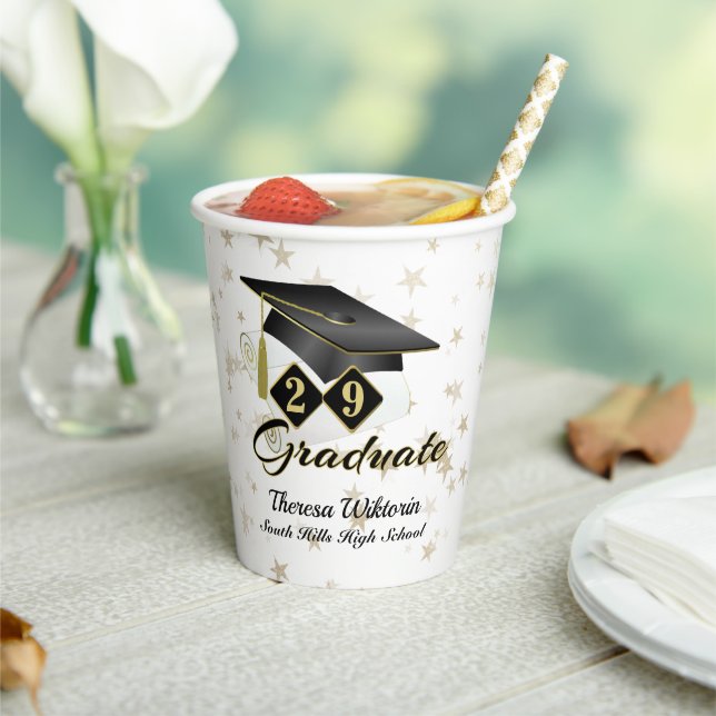 Graduation Party Black Gold Stars Personalised Paper Cups (Insitu)