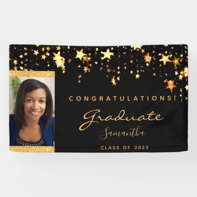 Graduation party black gold stars photo 2024 banner (Horizontal)