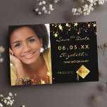 Graduation party black gold stars photo 2025 save the date<br><div class="desc">A photo Save the date card for a graduation party 20XX. On front: Add your own vertical size photo of the graduate. A chic black background colour, decorated with faux gold stars. Personalise and add a name and date. Golden letters. The name and the text: Save the Date are written...</div>