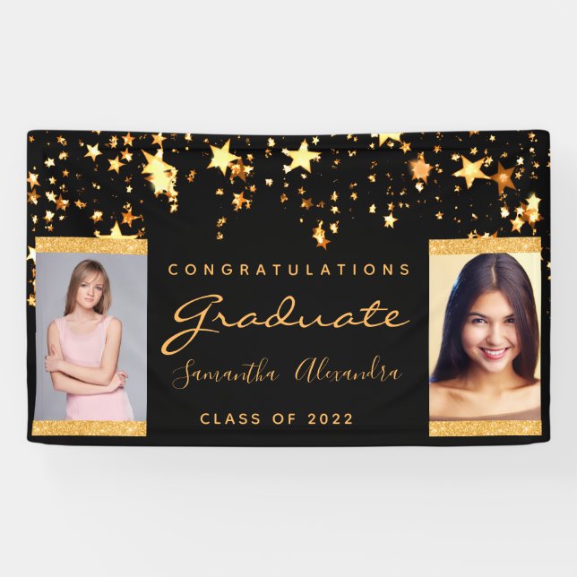 Graduation party black gold stars two photo banner (Horizontal)