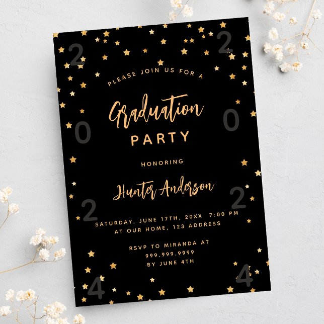 Graduation party black gold stars year invitation (Creator Uploaded)