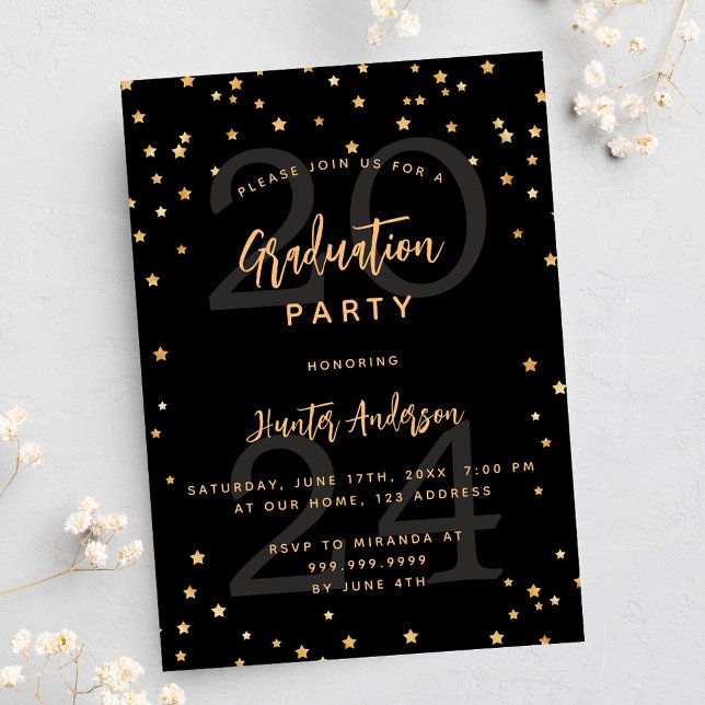 Graduation party black gold stars year invitation (Creator Uploaded)