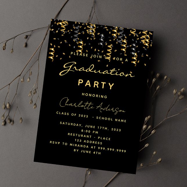 Graduation party black gold streamers luxury invitation (Creator Uploaded)