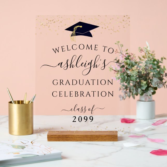 Graduation Party Black Gold Welcome Acrylic Sign (Wedding)