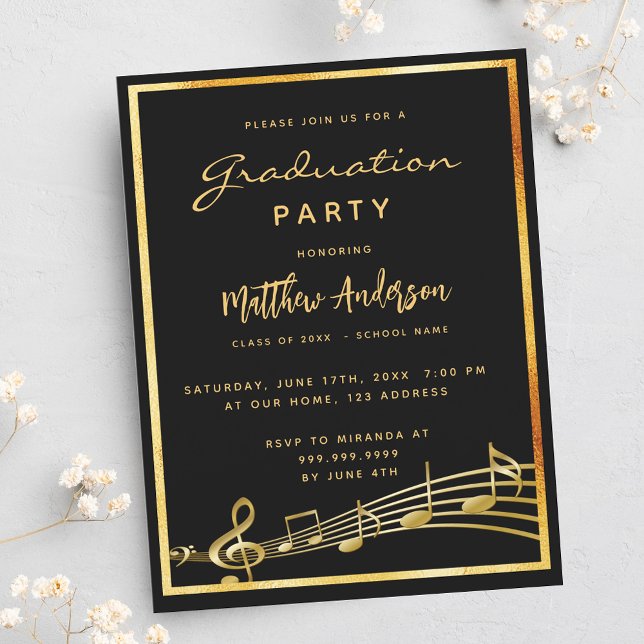 Graduation party black music gold invitation postcard (Creator Uploaded)