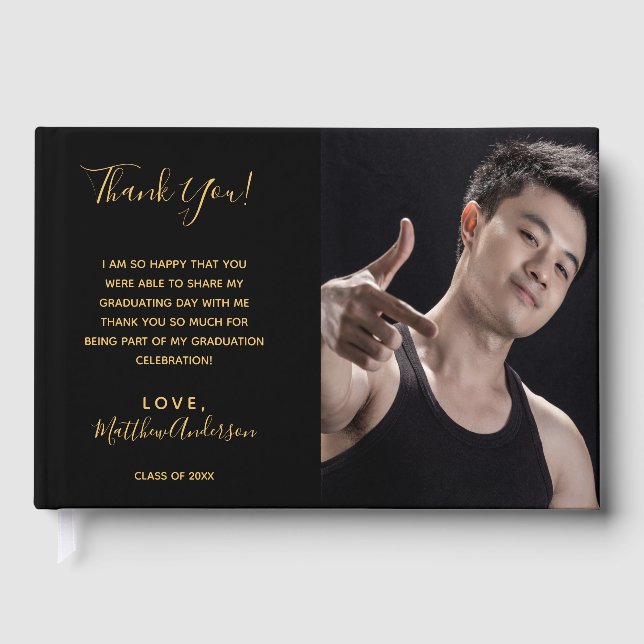 Graduation party black photo thank you guest book (Front)