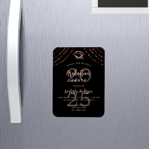 Graduation party black rose gold stars invitation magnet