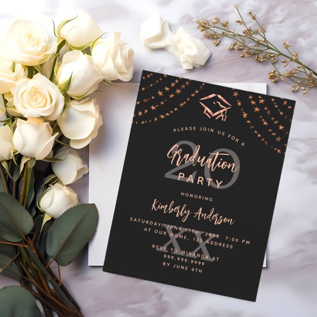 Graduation party black rose gold stars year invitation postcard (Creator Uploaded)
