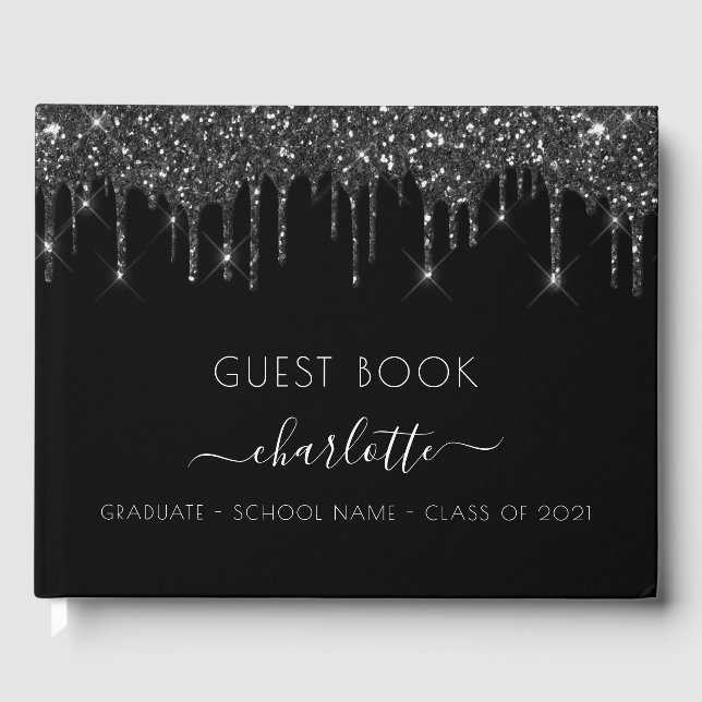 Graduation party black white glitter guest book (Front)