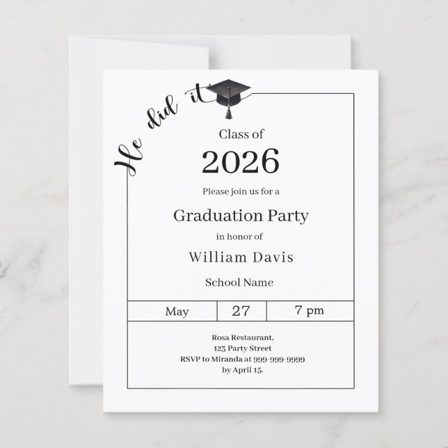 Graduation party black white He did it invitation (Front)