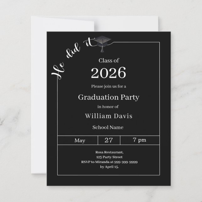 Graduation party black white He did it invitation (Front)