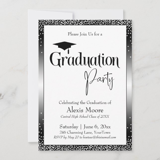 Graduation Party Black & White Ombre Confetti Invitation (Front)