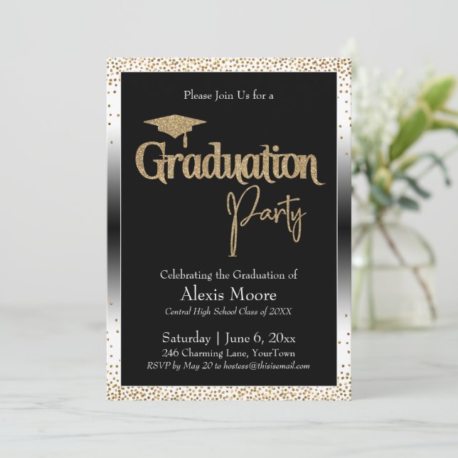 Graduation Party Black & White Ombre Gold Confetti Invitation (Standing Front)