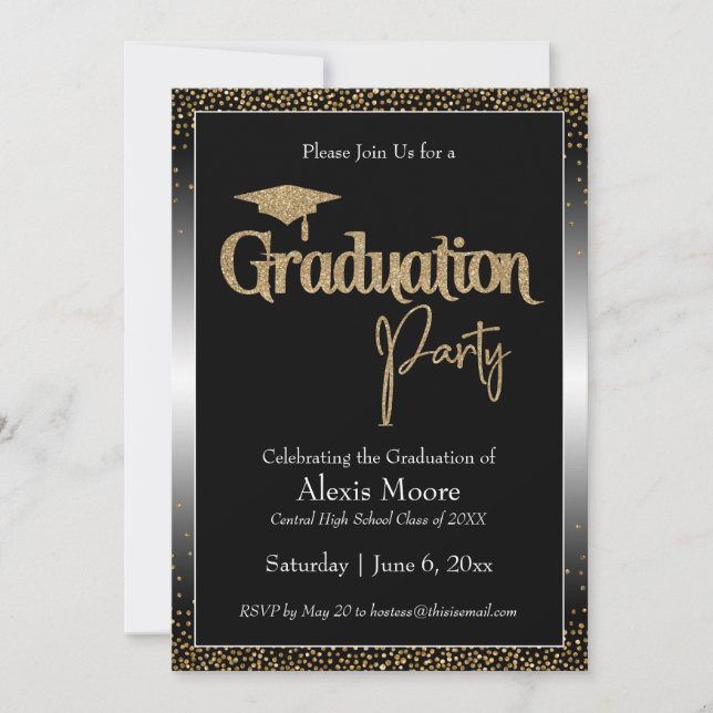 Graduation Party Black & White Ombre Gold Confetti Invitation (Front)