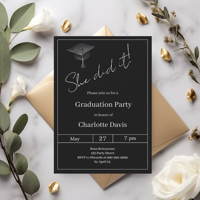 Graduation party black white She did it Invitation (Creator Uploaded)