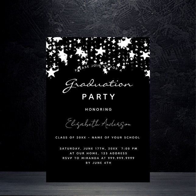 Graduation party black white stars elegant invitation (Creator Uploaded)