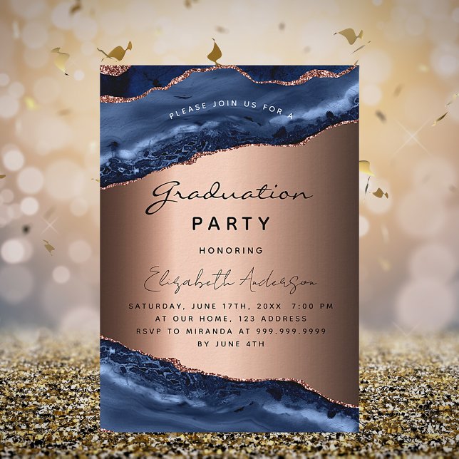 Graduation party blue agate marble rose gold announcement postcard (Creator Uploaded)