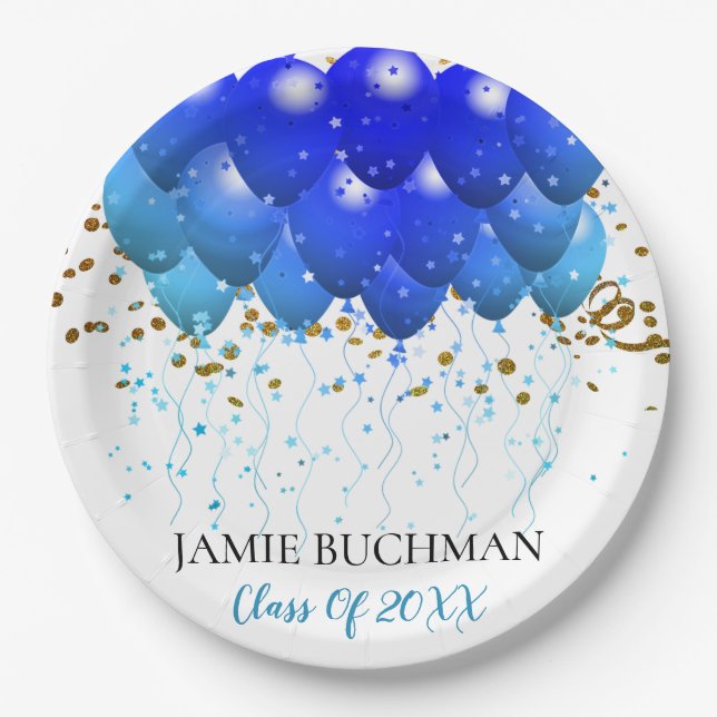 Graduation Party Blue Balloons Gold Confetti White Paper Plate (Front)