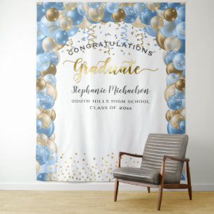 Graduation Party Blue Gold Balloons Streamers Tapestry