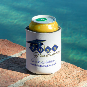 Graduation Party Blue Gold Confetti Personalised Can Cooler