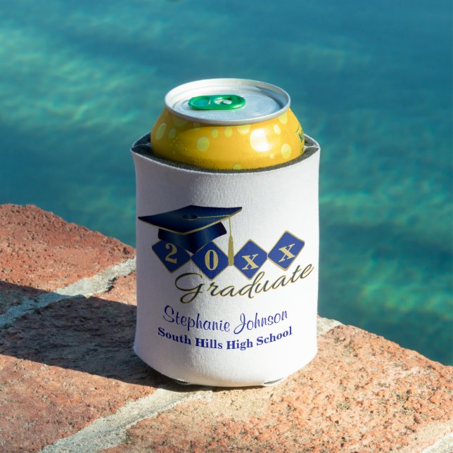 Graduation Party Blue Gold Confetti Personalised Can Cooler (In Situ Pool)