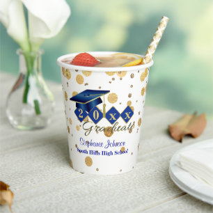 Graduation Party Blue Gold Confetti Personalised Paper Cups